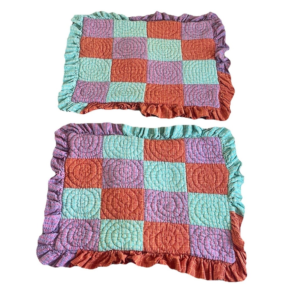 Vintage Patchwork Quilted Pillow Throws Ruffle Edge Cottage Core Plaid Standard